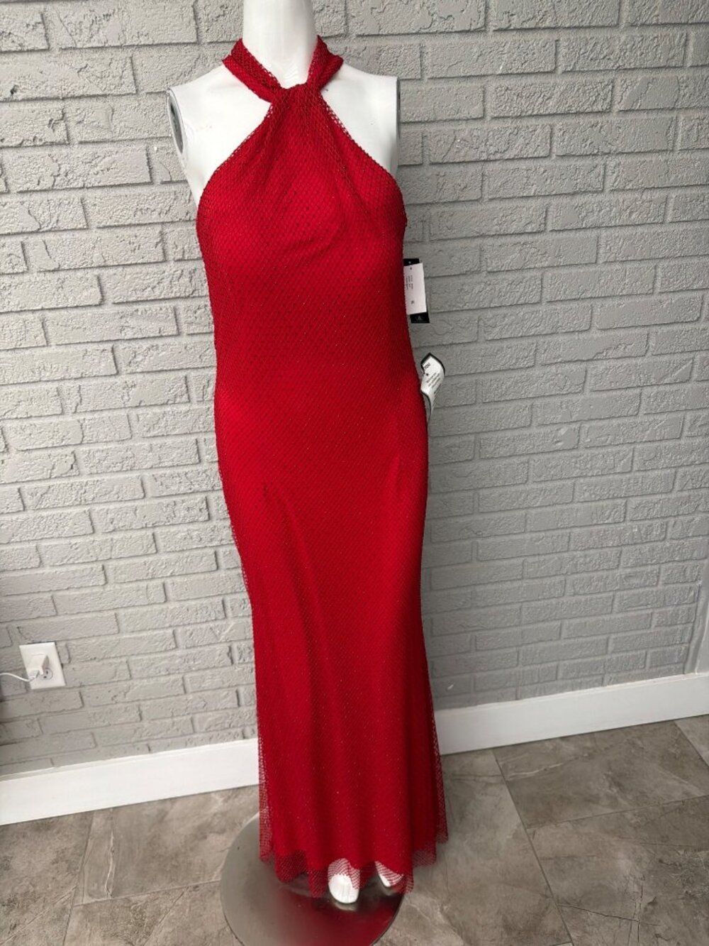 Betsy & Adam Women's Stone Mesh Halter Neck Red Dress Size 8 - Picture 3 of 12